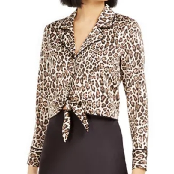 Bar III Tops - Bar III Leopard-Print Tie-Front Satin Top